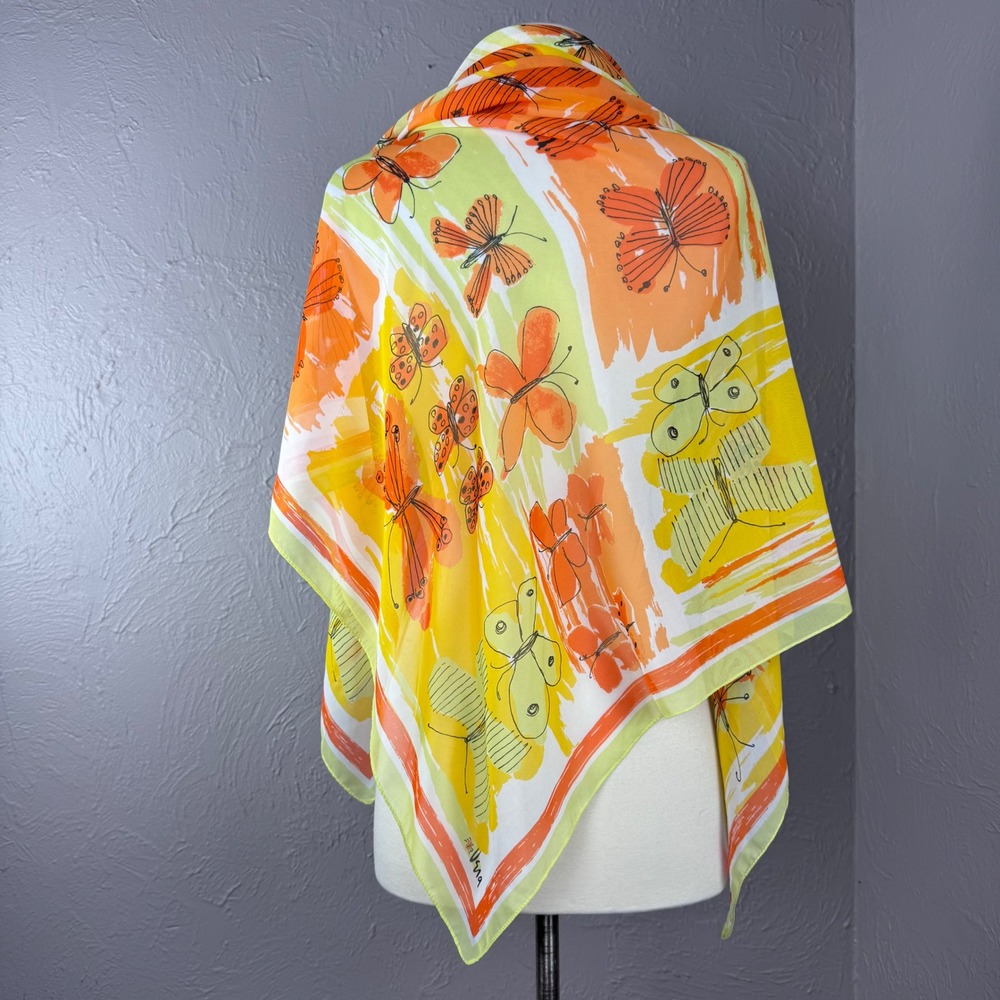 vintage Vera Neumann Large square sheer yellow and orange‎ butterfly scarf retro